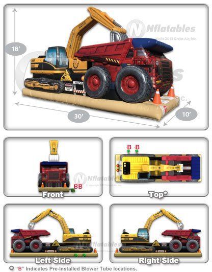 Toy construction vehicles on a beige display stand, shown in front, top, left, and right views.