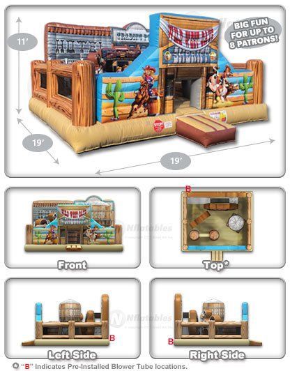 Inflatable basketball playset with hoop, slide, and court, shown from multiple views and dimensions.