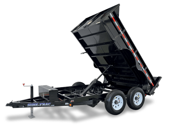Black dump trailer with raised bed and dual axles, isolated on a white background