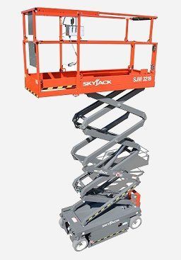 Orange scissor lift raised high with gray crossed arms and platform