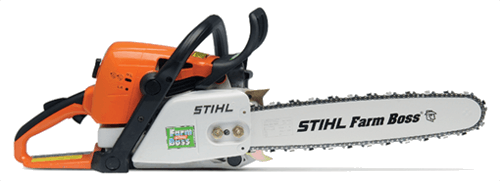 Orange STIHL chainsaw with silver blade and black handle on a white background