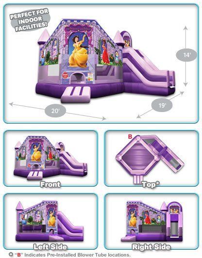 Purple inflatable bounce house with slide, shown from front, top, left, and right views with dimensions.