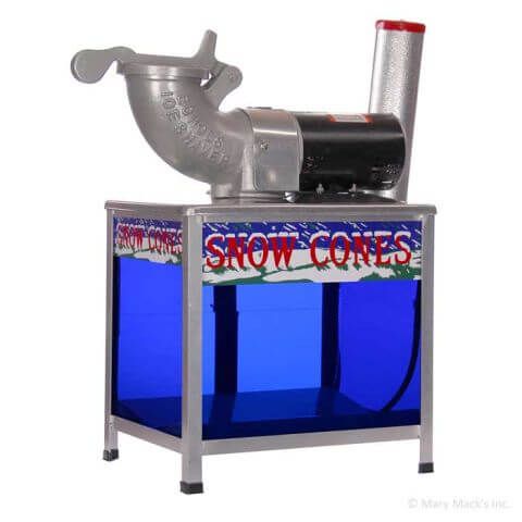 Silver snow cone machine on a blue stand with red “SNOW CONES” lettering.
