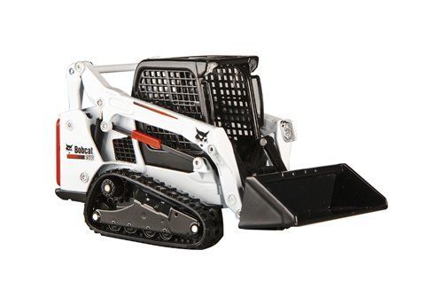 White compact track loader with black bucket on a white background