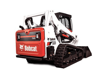 Red and white Bobcat skid-steer loader with black tracks on a white background