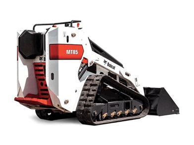 White and black compact tracked loader with a front bucket, labeled MT85, on a white background