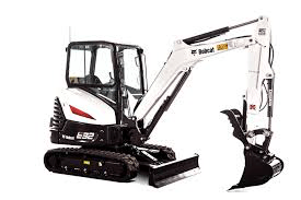 White compact excavator with black tracks and a front blade, shown on a white background