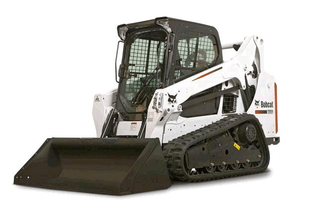 White Bobcat skid-steer loader with black bucket and tracks, shown on a white background