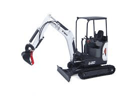 Compact white mini excavator with a black cab and red bucket arm on a white background