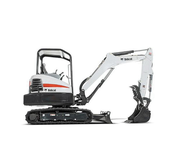 White compact excavator with black tracks and extended arm on a plain white background