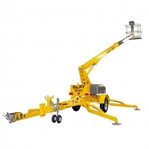 Yellow towable articulating boom lift with extended arm and basket on white background