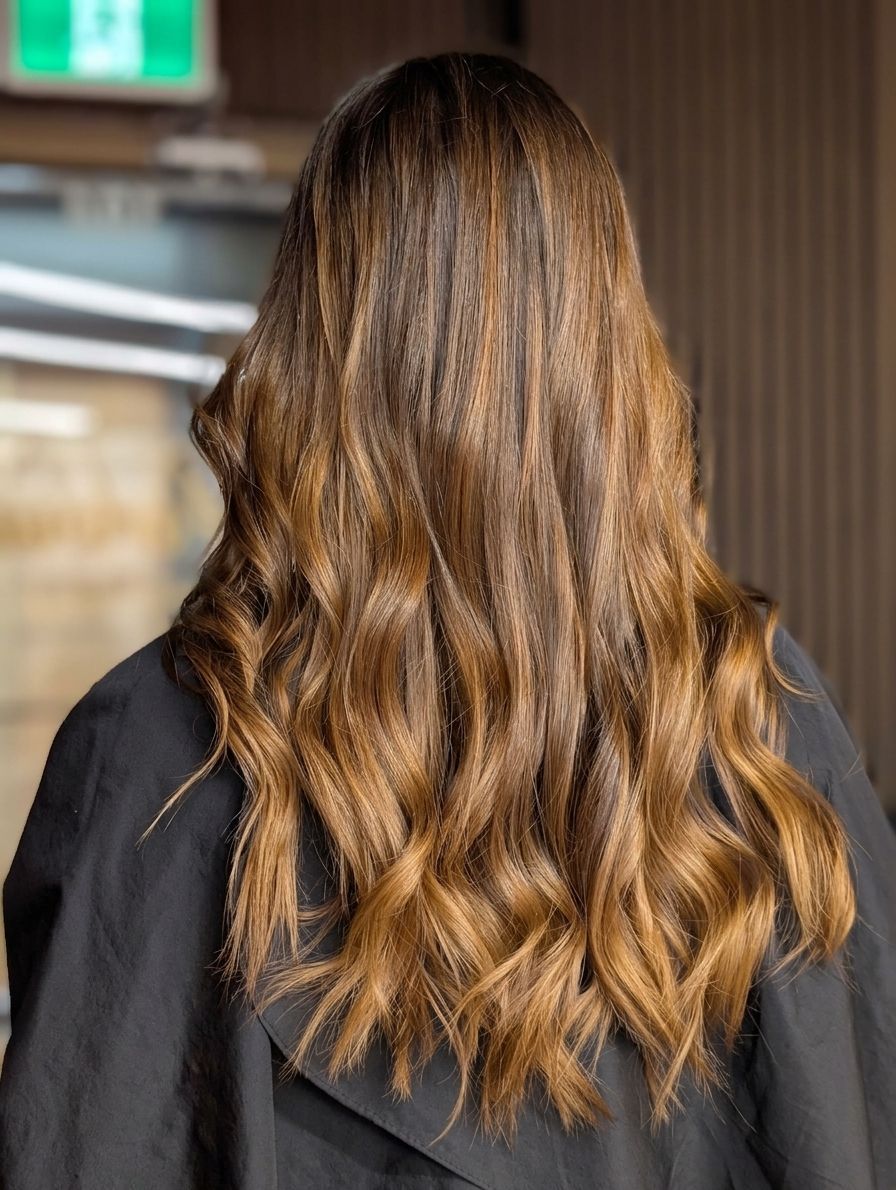 Back view of a person with long wavy brown hair wearing a black top indoors