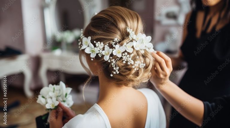 Bridal hair styling with white floral accessories in a soft updo, viewed from behind.