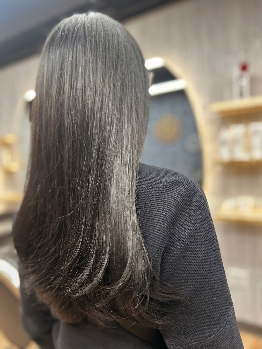 Long straight dark hair from behind in a salon setting