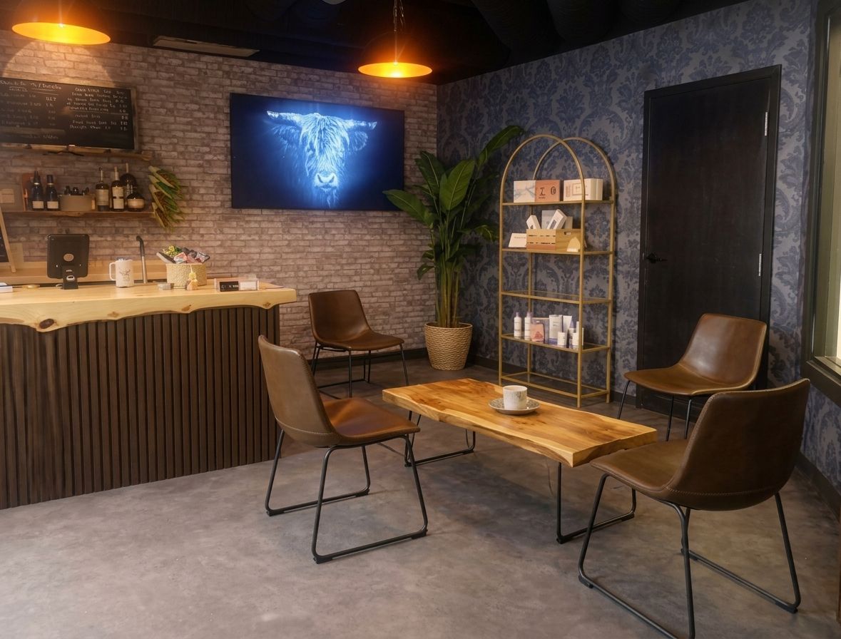 Modern lounge with brown chairs, wooden tables, bar counter, TV, and warm pendant lights