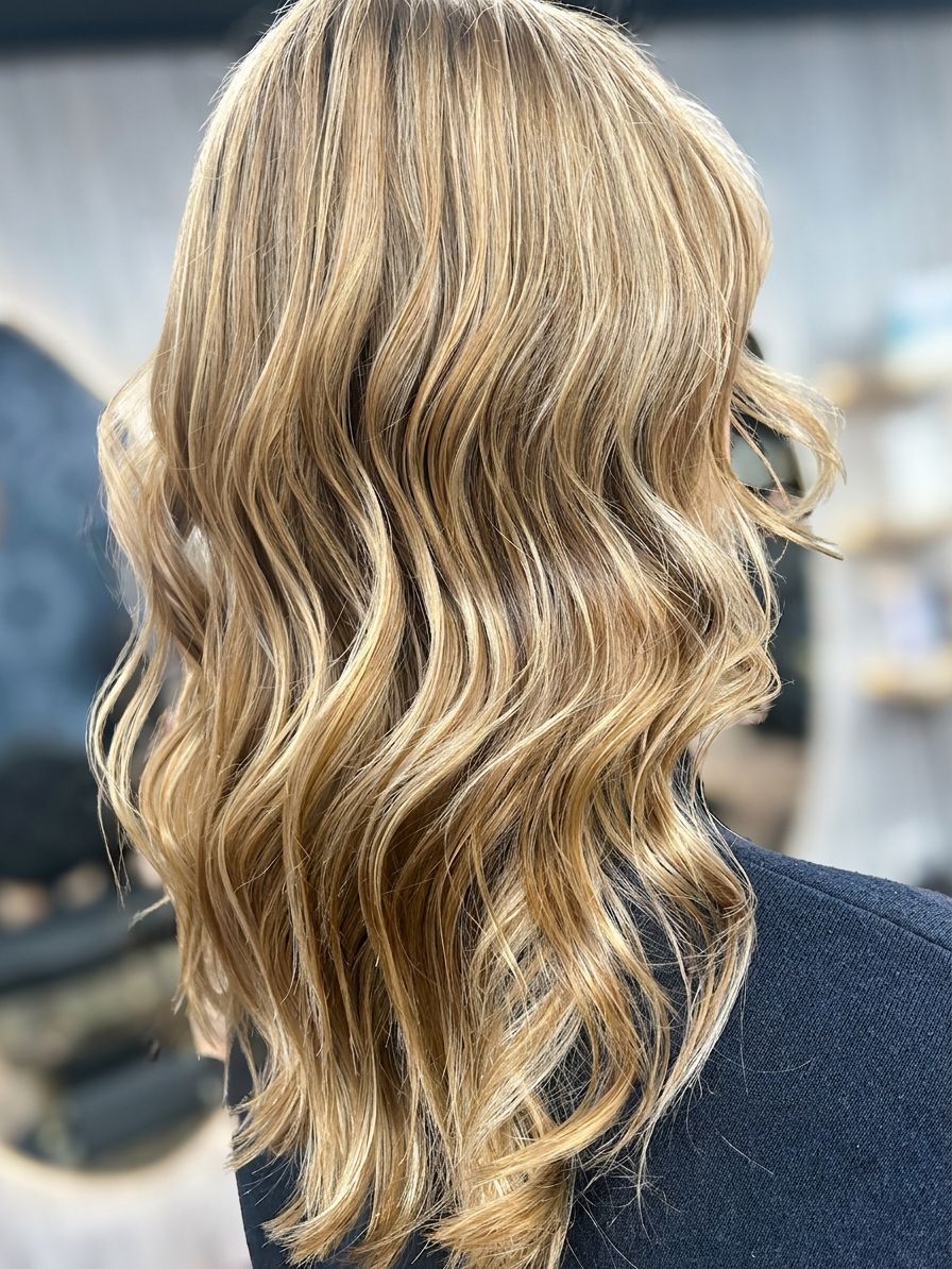 Wavy blonde hair with dark lowlights, shown from the back against a blurred salon background