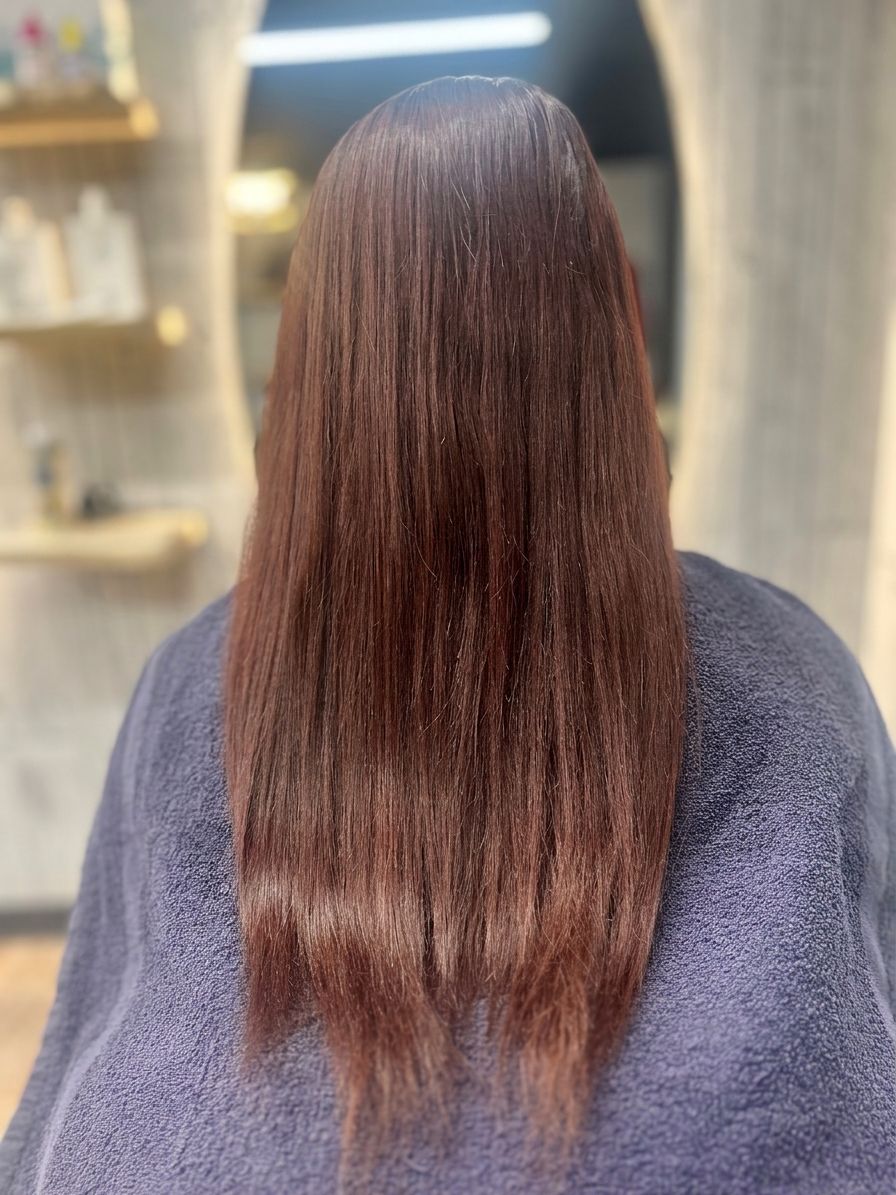 Long straight dark brown hair viewed from behind, with a soft shiny finish in a salon setting