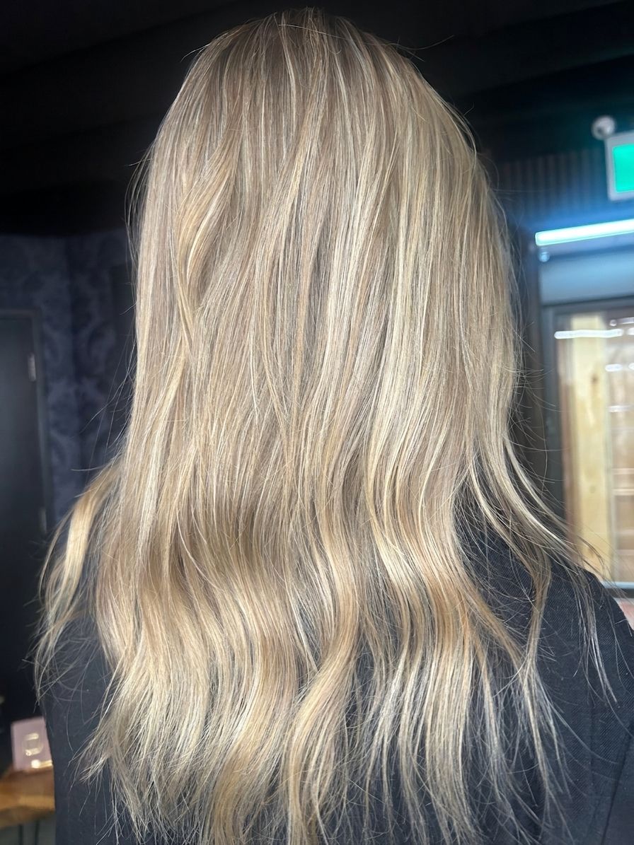 Blonde hair styled in loose waves, shown from the back against a dark indoor background.