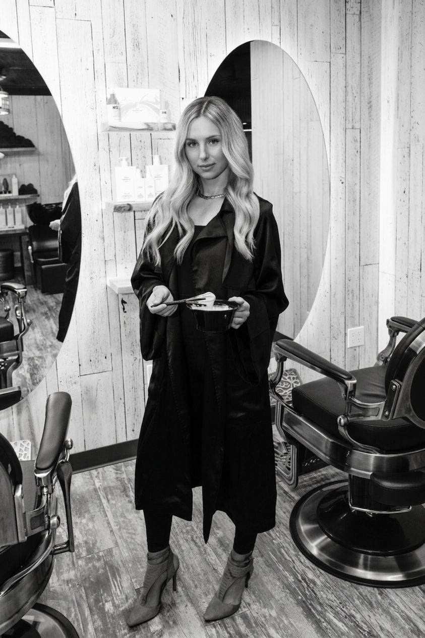 Woman in a long black dress and boots standing in a barbershop with vintage chairs and wood decor