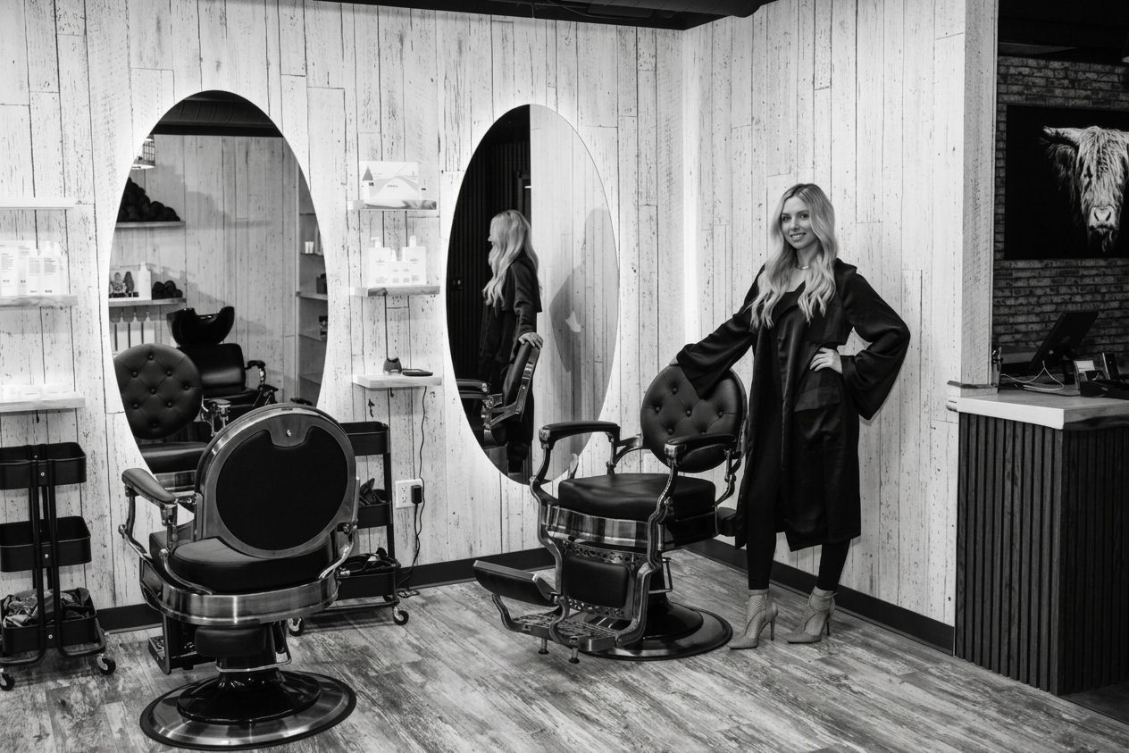 Barbershop interior with ornate mirrors and styling chairs; a woman stands near the counter.