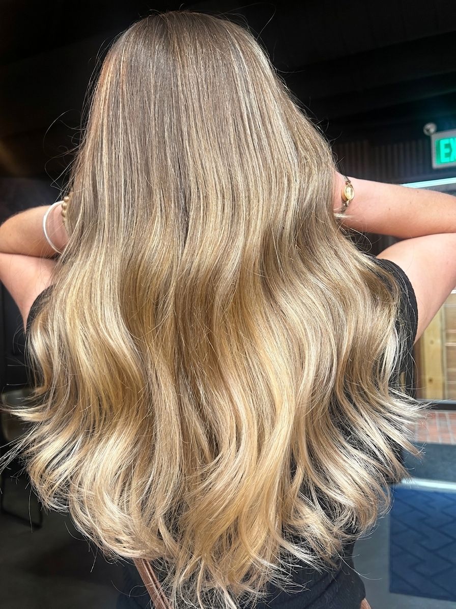 Long wavy blonde hair with dark roots, shown from behind in a salon setting