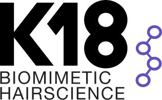 K18 Biomimetic Hairscience logo in black with purple molecular icon