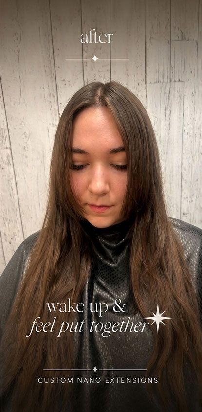 Young woman with long brown hair in a black turtleneck, standing against a wood wall with before-and-after text.