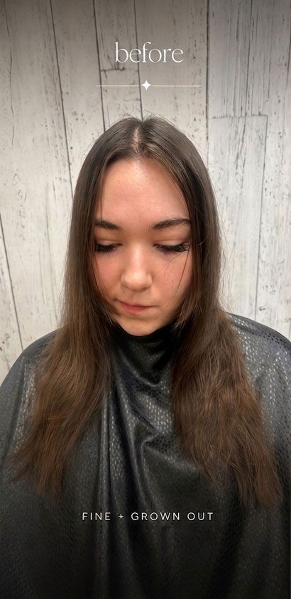 Woman with long brown hair looking down against a gray wood wall, with “before” text above and “prize grown out” below