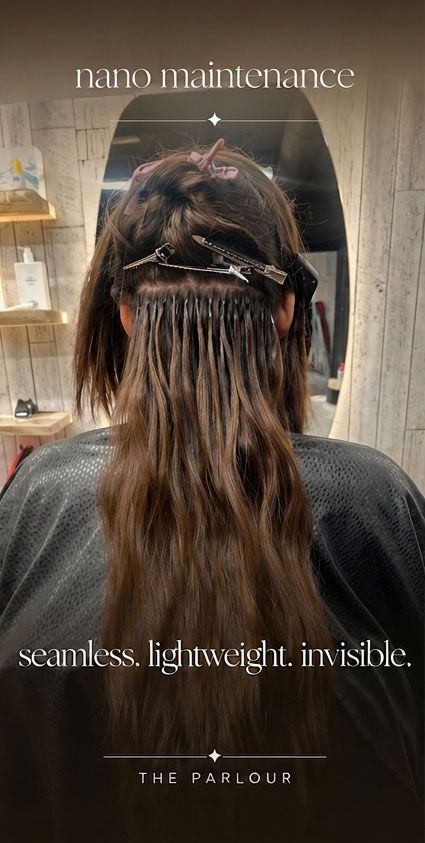 Woman with long brown hair clipped in salon, with text reading “naro maintenance” and “seamless, lightweight, invisible.”