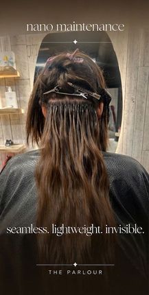 Back view of long brown hair pinned up in a salon, with “nano maintenance” text overlay and “The Parlour” at bottom