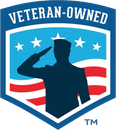 Veteran-Owned business logo featuring a saluting silhouette over US flag with stars, and text: