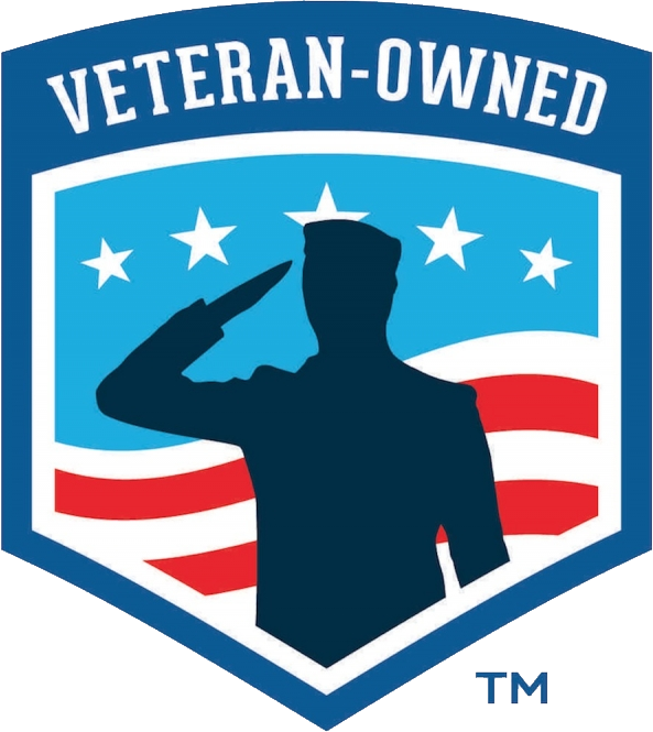 Veteran-Owned business logo featuring a saluting silhouette over US flag with stars, and text: 
