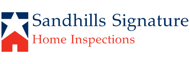 Logo for Sandhills Signature Home Inspections, featuring a blue square with a white star and red house icon, with text "Sandhills Signature Home Inspections".