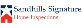 Logo for Sandhills Signature Home Inspections, featuring a blue square with a white star and red house icon, with text "Sandhills Signature Home Inspections".