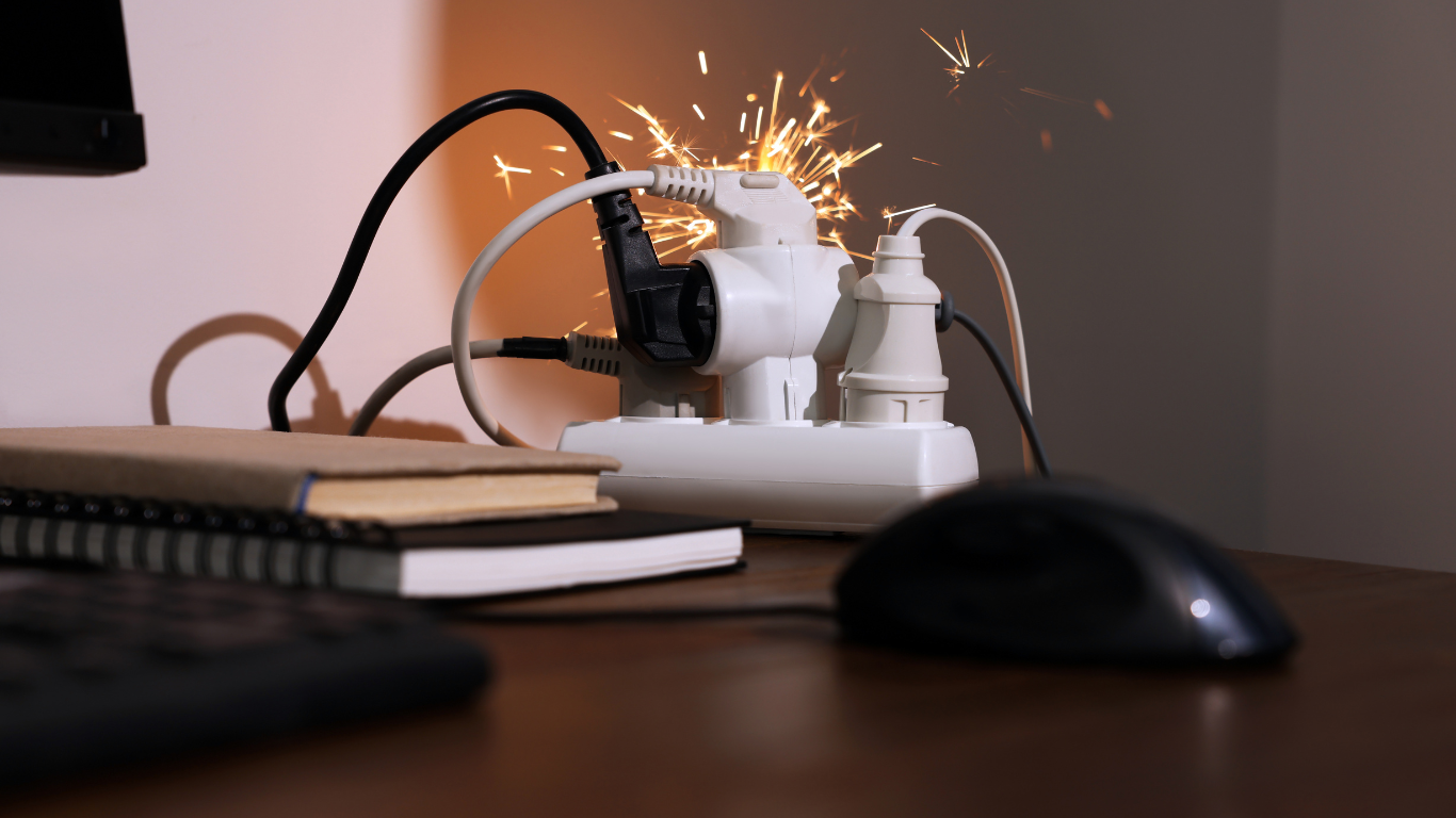 A computer mouse is sitting on a desk next to a power strip.