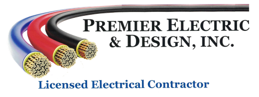 The logo for premier electric & design inc. is a licensed electrical contractor.