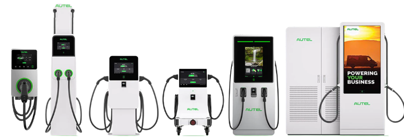 A row of charging stations for electric cars on a white background.
