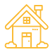 A yellow line drawing of a house with a chimney.