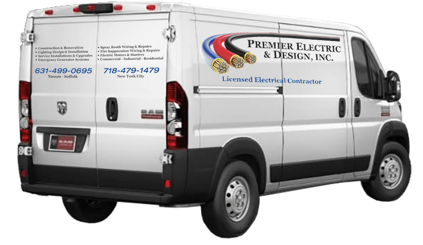 A white van with the words premier electric & design inc written on it