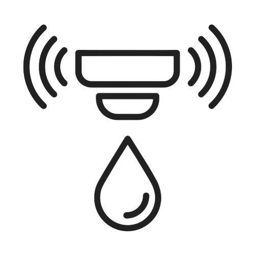A line drawing of a drop of water and a wireless device.