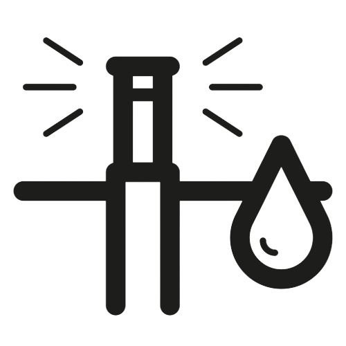 A black and white icon of a hose with a drop of water coming out of it.
