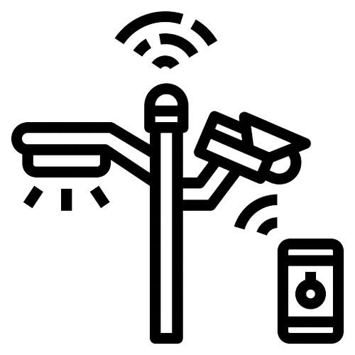 A street light with two cameras attached to it and a cell phone.