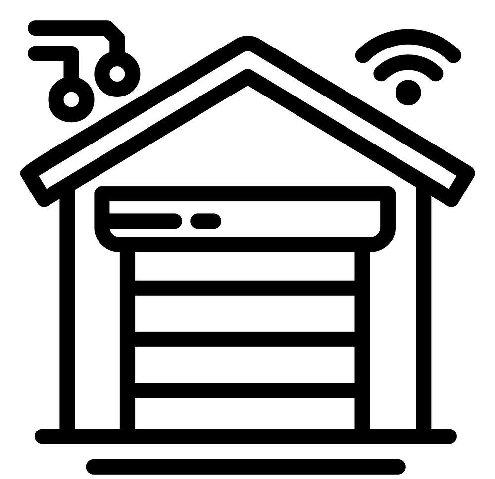 A black and white icon of a garage with a remote control on the roof.