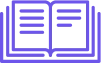 Um ícone roxo de um livro aberto com linhas nele.