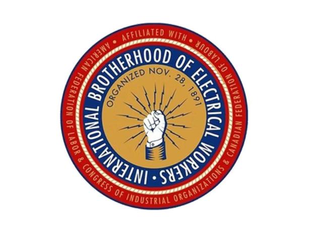 Circular red and gold International Brotherhood of Electrical Workers logo with raised fist and lightning bolt