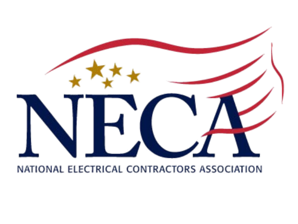 NECA logo with blue letters, gold stars, and red swooshes; National Electrical Contractors Association