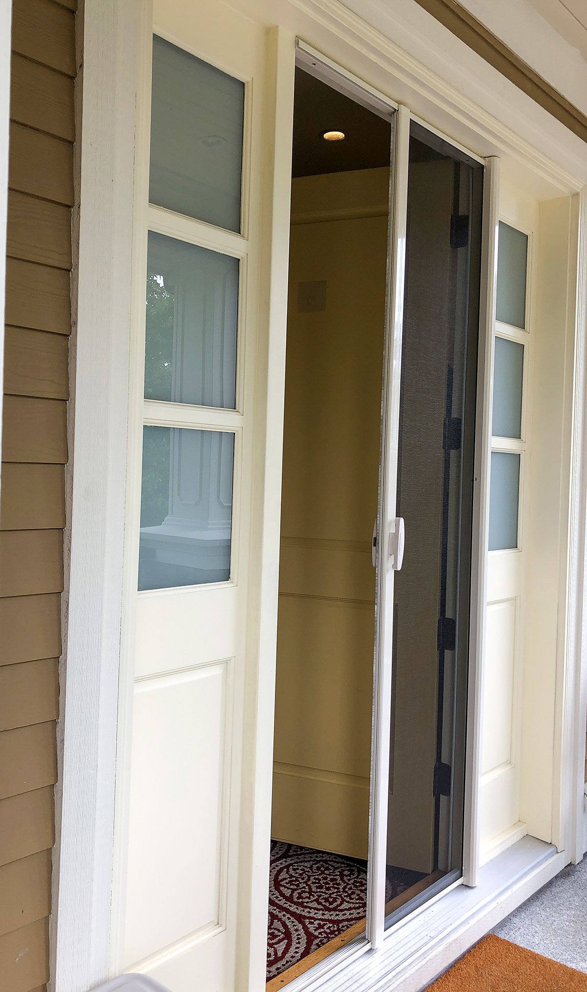 Sliding glass doorway with white-framed side panels and a patterned rug inside