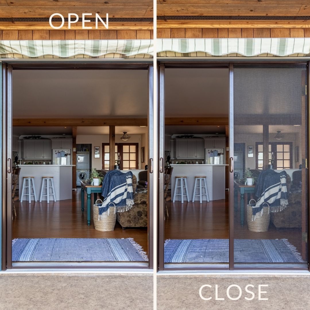 Sliding glass door shown open on left and closed on right, revealing a modern kitchen interior.
