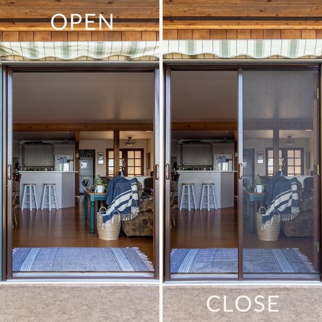 Sliding glass door shown open on left and closed on right, revealing a modern kitchen interior.