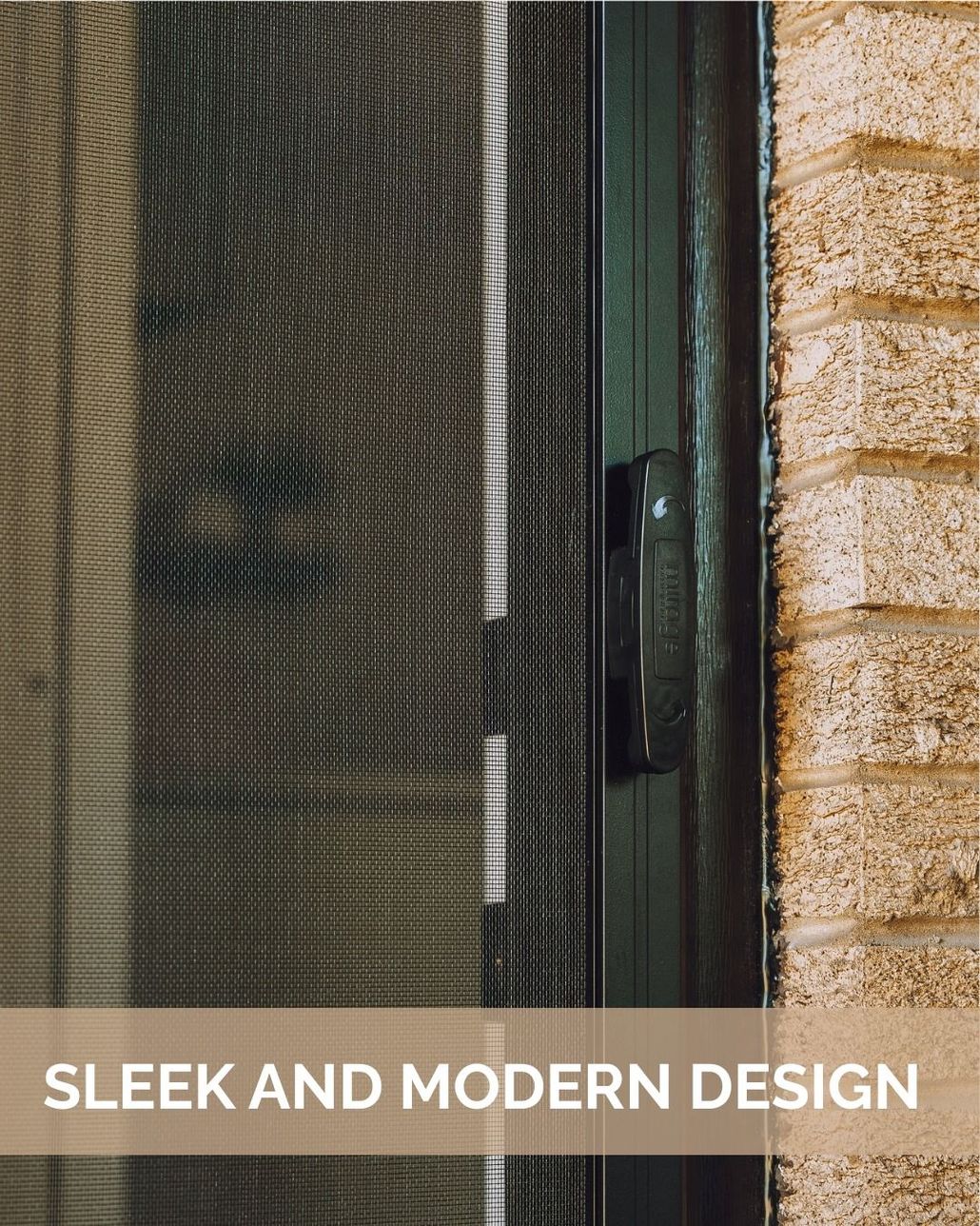 Modern black mesh screen door beside a beige stone wall, with “SLEEK AND MODERN DESIGN” text overlay.